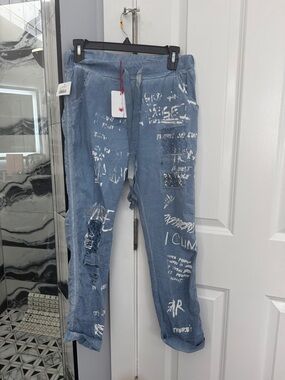 Light Blue Printed Chino Joggers with Drawstring Waist